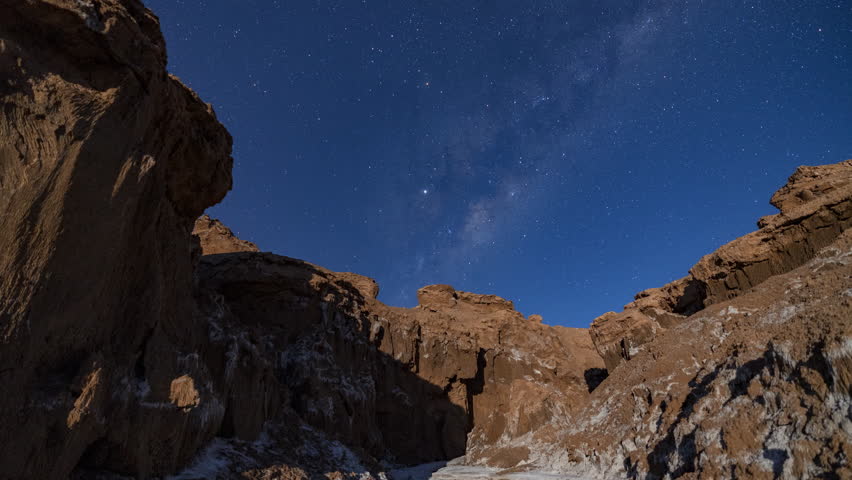 Time Lapse Tilt Up Shot Of Tranquil Rock Formations Under Shiny Stars From Day To Night - Atacama Desert, Chile