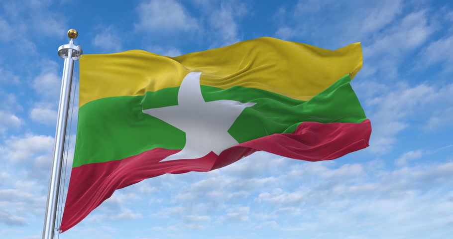 Myanmar flag with flagpole waving in wind, rolling clouds background looping, 4K video (Perfect Loop)