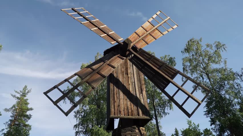 An ancient windmill on Seurasaari Island, an open-air museum of historical wooden buildings in Helsinki, Finland