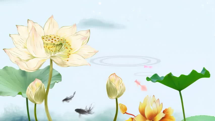 Peaceful nature Traditional Chinese Ink Painting Style Swimming Water Flowing Fish Lotus Pond Lake Green Mountain. Chinese retro painting ink misty mountain with flowers, tree, birds, river in fog