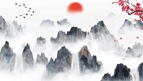 Retro Chinese style ink landscape waterfall plum blossom animation special effects material Oriental Digital Art animation, Chinese retro painting misty mountain with flowers, tree, birds, river, fog - Powered by Shutterstock - Get 15% off with code: PIKWIZARD15