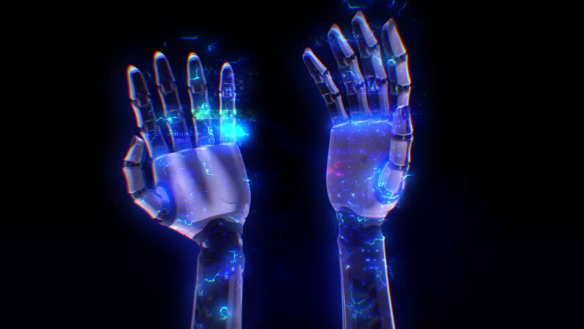 Robotic hands coming to life with digital and electric energy pulsing effects.