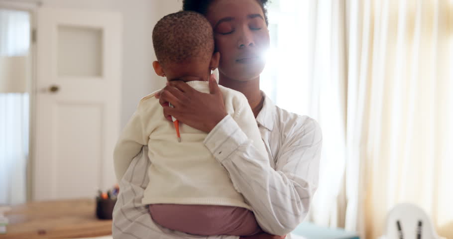 Thermometer, baby and fever with black woman in lounge, sick or medical help for child in home living room. Illness, cold and temperature check for newborn, mom person and worry for healthcare risk