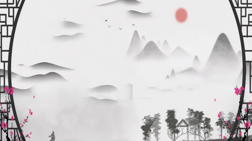 Fantasy bright ambience Ink landscape artistic conception of beautiful morning sky, mountains, flowers, lake, ancient house with simple animation in Japanese Chinese anime watercolour style.