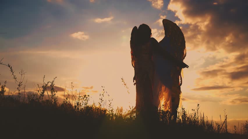 Dark shadow silhouette Fantasy woman angel raises hands to sky in prayer beauty golden white wings long dress costume. magic divine sun light dramatic dusk sky. Art Fairy girl queen sexy lady 4k