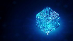 vibrant digital illustration featuring a glowing blue cube made up of intricate, interconnected smaller cubes and elements. This image represents data, technology, and digital information. - Powered by Shutterstock - Get 15% off with code: PIKWIZARD15