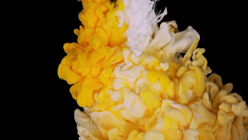 yellow white ink paint top view blending in the water in slow motion. Ink liquid underwater on black background.