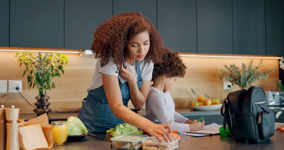 Home, phone call and mother with child for lunch, preparation and multitasking in morning. Kitchen counter, little girl and mom with mobile, communication and packing food in container for kid