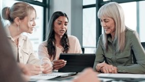 Meeting, tablet planning and business women with paperwork and notes for creative project. Management, teamwork and collaboration with diversity and discussion of news article in publishing office - Powered by Shutterstock - Get 15% off with code: PIKWIZARD15