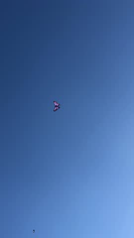 A purple butterfly kite flying against a blue sky.