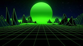 Green retro style landscape with glowing grid, rocky mountains and alien planet moon in the night sky. Abstract synthwave background with futuristic terrain and soft glow effect. 3D render , 4K 60fps - Powered by Shutterstock - Get 15% off with code: PIKWIZARD15