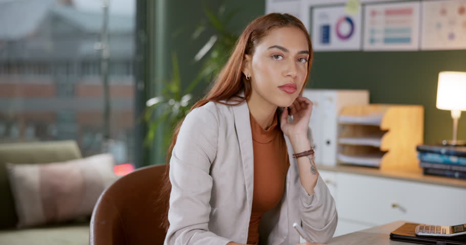 Smile, office and portrait of woman at desk with confidence, project management and stats at sales agency. Business advisor, planner or happy consultant with pride, data analysis and administration