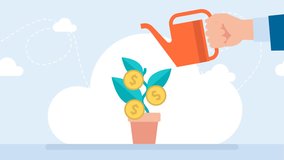 Planting money trees, business investment, growth. Man waters growing money plant seedling with coin flower. Planting and growing money in the pot. Financial and investment growth. 2d flat animation - Powered by Shutterstock - Get 15% off with code: PIKWIZARD15