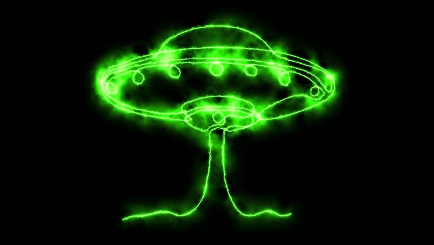 Self drawing animation one continuous line draw, logo, Abstract UFO saucer,space alien ship,Blazing  green flame, energy