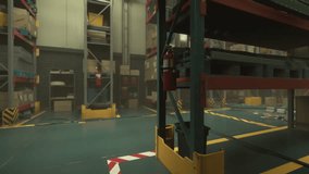 An empty warehouse illuminated at night with yellow and red lines on the floor, showcasing organized storage shelves with boxes and goods. - Powered by Shutterstock - Get 15% off with code: PIKWIZARD15