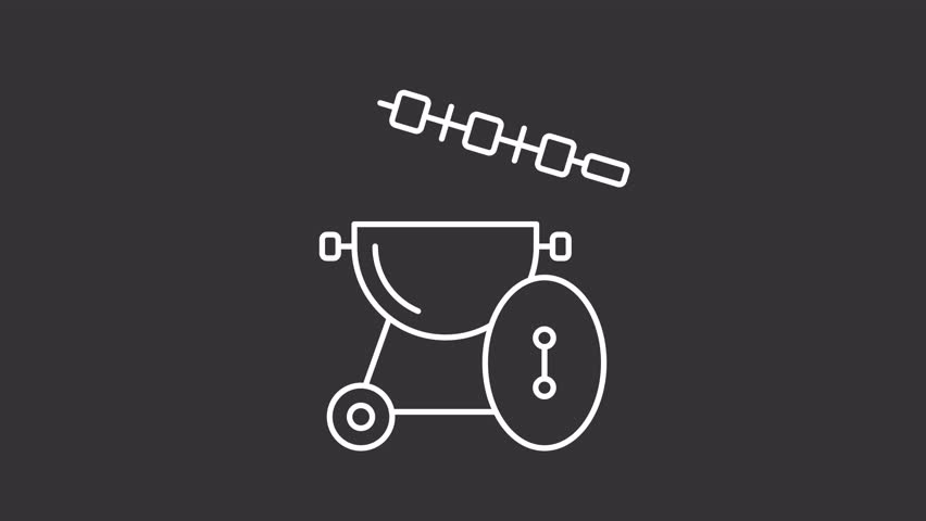 Animated gas grill white icon. Outdoor party line animation. Moving kebab, evaporating. Barbecue food, grilling. Isolated illustration on dark background. Transition alpha video. Motion graphic