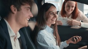 Girl lady agent salon trader saleswoman manager give keys to new car happy joyful couple family buyers clients man woman sit inside auto choosing buying automobile dealership credit bank test drive - Powered by Shutterstock - Get 15% off with code: PIKWIZARD15