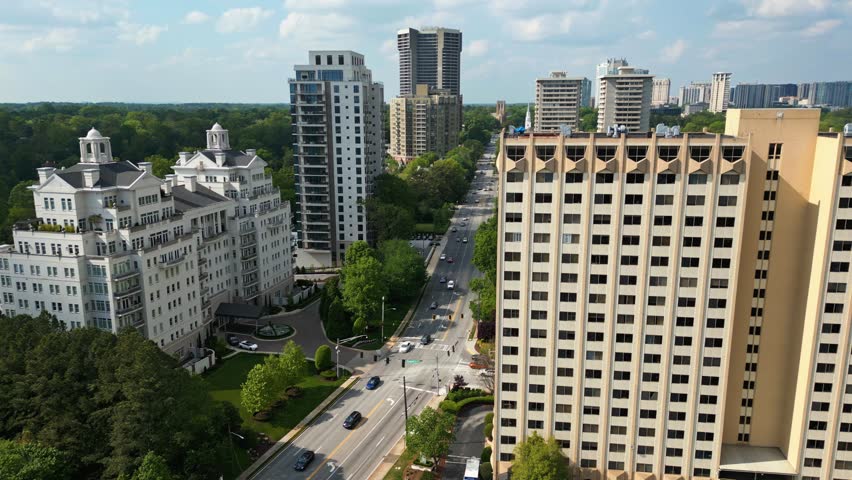 The Dillon Buckhead Condominium Complex Along Peachtree Road In Atlanta, Georgia, United States. Aerial Drone Shot 