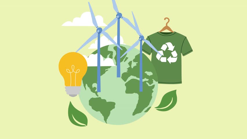 Video animation of Earth globe, wind power plant, light bulb, recycling t-shirt, Reduce, reuse, recycle symbol. World Environment Day, renewable wind energy source, zero waste lifestyle