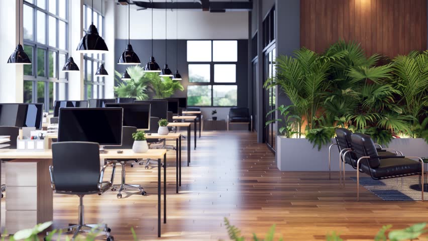 Animation of modern industrial loft style office interior decorated with green nature 3d render, There are wooden floor and plank wall, large window overlooking nature view