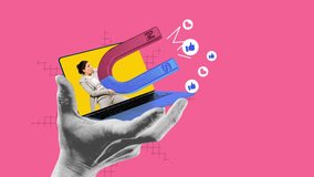 Stop motion, animation. Woman sticking out of laptop with magnet to attract popularity and engagement on social networks. Contemporary art. Concept of digital marketing, online services, business - Powered by Shutterstock - Get 15% off with code: PIKWIZARD15