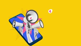 Hands with three megaphones stacking out phone screen symbolizing importance and relevance of usage social media for bran promotion. Stop motion, animation. Digital marketing, online services concept - Powered by Shutterstock - Get 15% off with code: PIKWIZARD15