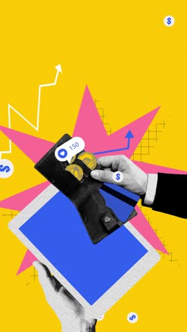 Promotional targeting for social media page popularity. Spending money on ad and align analytical researches. Stop motion, animation. Concept of digital marketing, online services, business