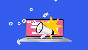 Laptop, megaphone and social media icons. Image for blog articles on the power of social media for brand growth. Stop motion, animation. Concept of digital marketing, online services, business - Powered by Shutterstock - Get 15% off with code: PIKWIZARD15