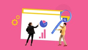 People with pie chart and magnifying glass working on social media analytics and developing promotional tools. Stop motion, animation. Concept of digital marketing, online services, business - Powered by Shutterstock - Get 15% off with code: PIKWIZARD15