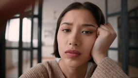 Point of view POV webcam tired bored girl hispanic latin woman addict using mobile phone touch screen smartphone addiction overuse social media scrolling browsing internet boring lazy female rest home - Powered by Shutterstock - Get 15% off with code: PIKWIZARD15