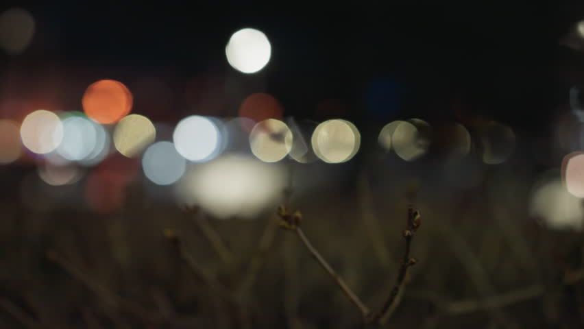 Blurred view of colorful lights at night with faint tree branches in the foreground