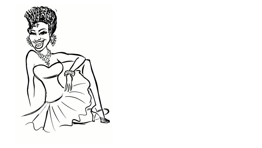 Animated illustration of a dark skinned female in a pink sparkly disco dress with dark curly hair. She is sitting with one leg up, her elbow resting on her leg.