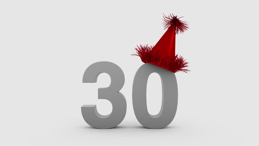 3D animation of the number 30 with a party hat