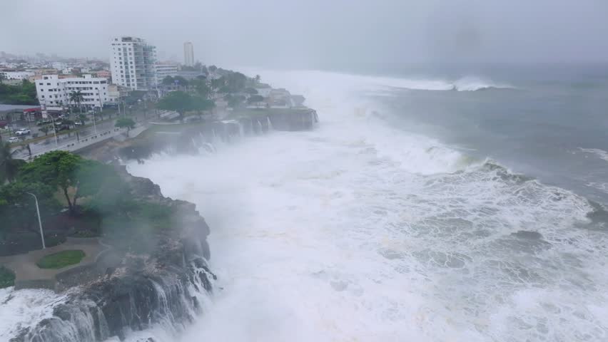 AERIAL: Dangerous storm waves on the coast of Santo Domingo, Dominican Republic