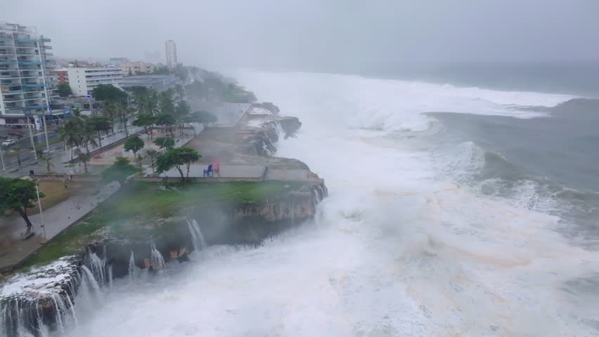 AERIAL: Dangerous storm waves on the coast of Santo Domingo, Dominican Republic