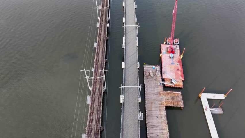 Aerial view of the Old and New River Draw Bridge over the Raritan River between Perth Amboy and South Amboy