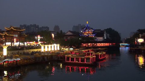 NANJING, CHINA - APRIL 30, 2012, Fast motion of Nanjing Confucius Temple,Qinhuai River in twilight