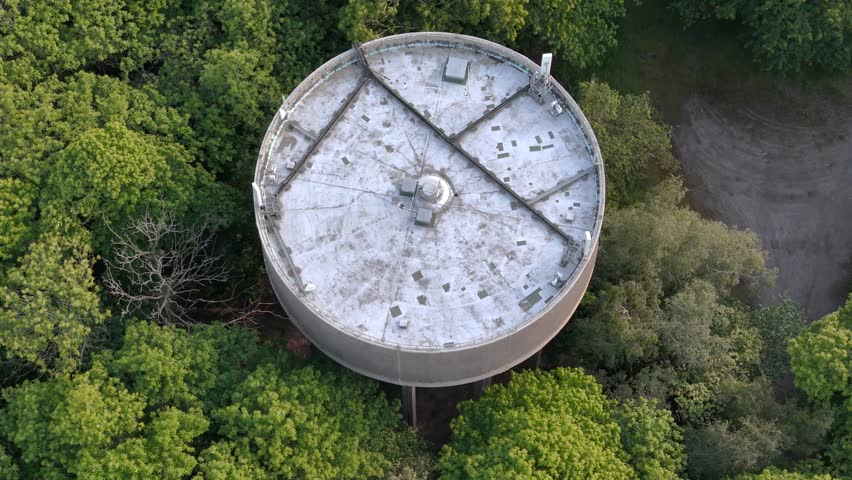 Concrete Water Tower With Vegetation In Essex, UK. aerial shot
