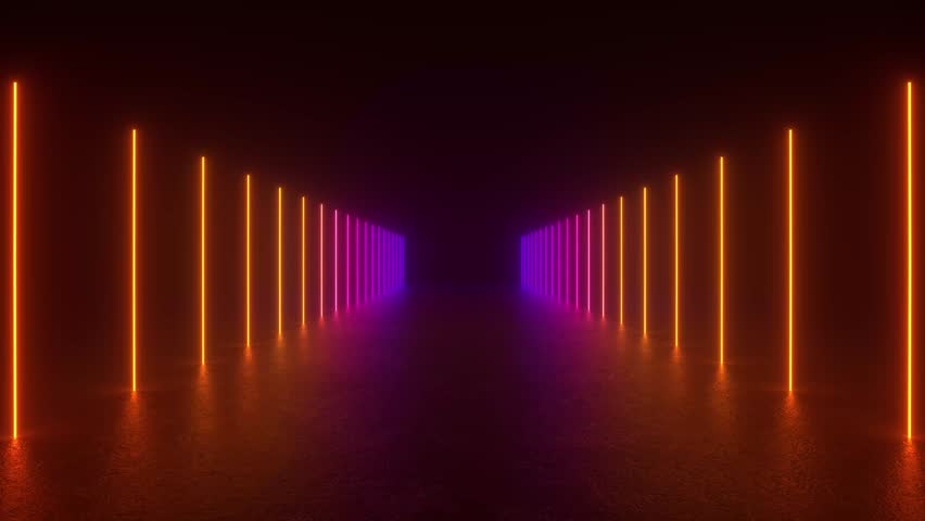 A tunnel of neon lights glowing in a dark room, creating a futuristic and sci-fi ambience with reflections on the concrete floor.