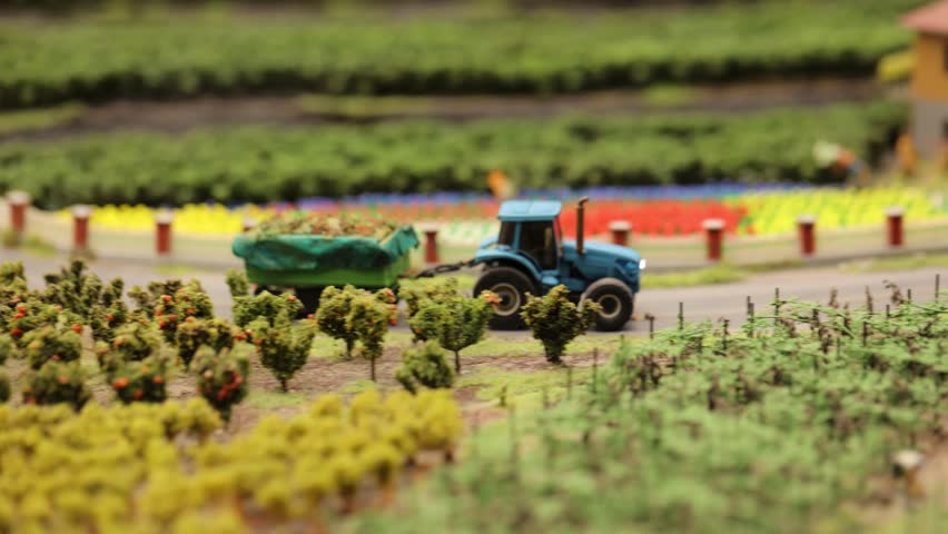 Witness a lively miniature farm with a working tractor amidst picturesque settings