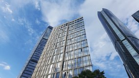 view from below showcases contemporary, towering glass skyscrapers set against a backdrop of cloudy, blue skies. These structures house financial institutions and corporate headquarters - Powered by Shutterstock - Get 15% off with code: PIKWIZARD15