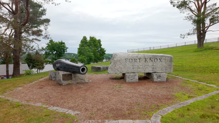 Motion video approach Fort Knox stone sign and cannon. Maine, USA