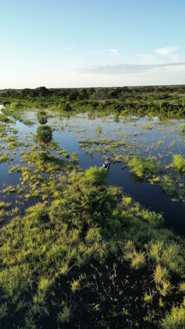 Aerial view of a small boat in the Amazon rainforest, South America, Bolivia