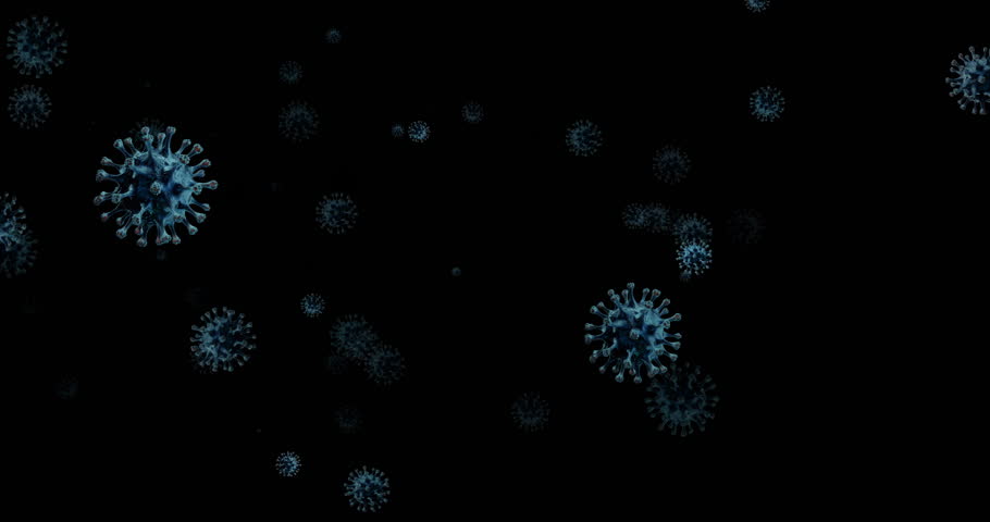 Blue, medical and black background with particles of germ for viral reproduction, disease and envelope protein. Chronic hepatitis, RNA virus and transmission of microorganisms for liver infection.