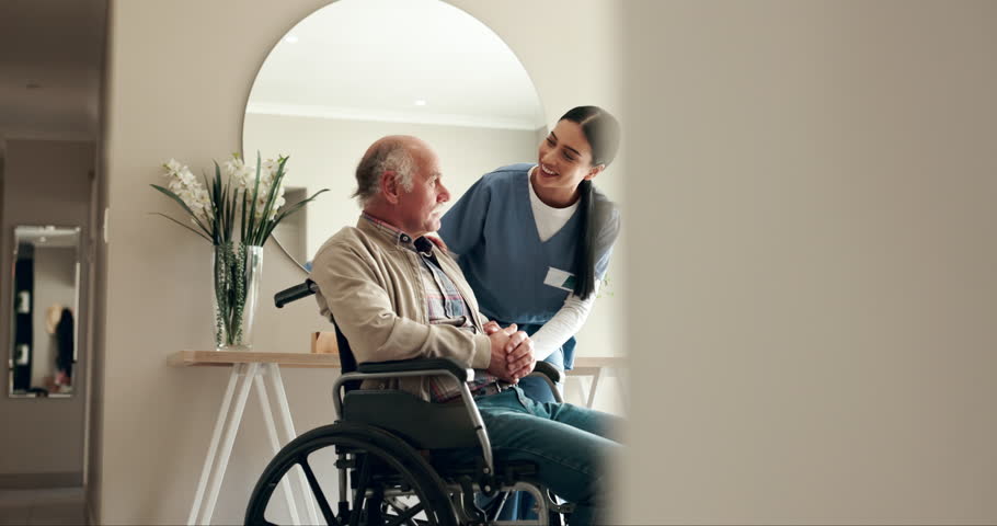 Nurse, senior man and wheelchair with help, elderly care and wellness for health in nursing home. Pensioner, person with a disability and assistance by caregiver in recovery at rehabilitation clinic
