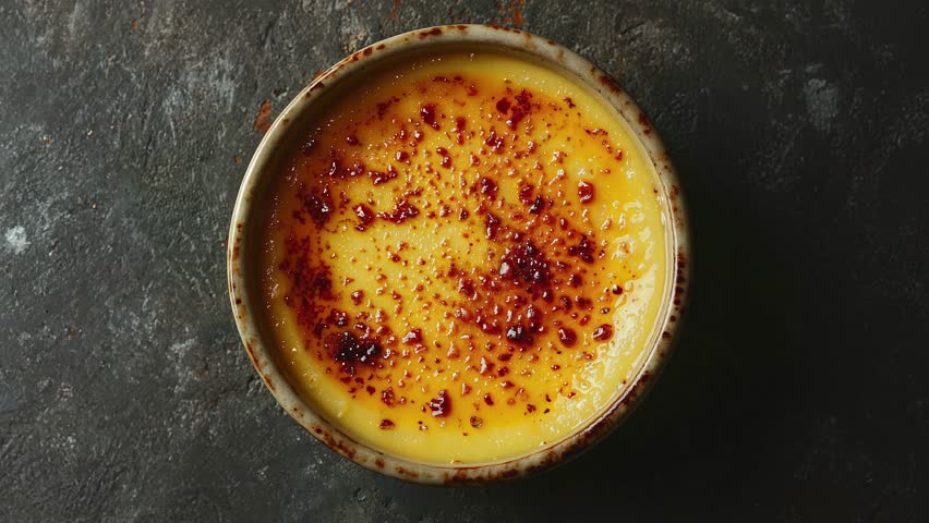 Top View of Classic Creme Brulee Dessert in Rustic Setting