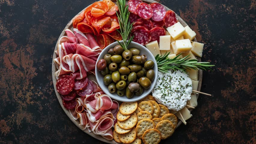 Delicious Charcuterie Board with Cheese, Meats, Olives, and Crackers