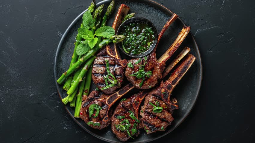 Grilled Lamb Chops with Fresh Asparagus and Sauce