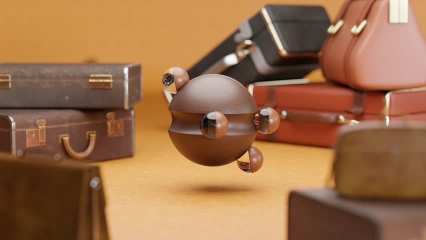 3D rendering of small marble balls rolling on wooden sphere in loop