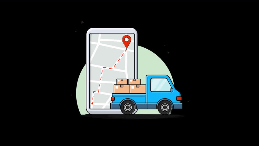 Blue Truck with Boxes and Phone Tracking Delivery. Fast Delivery Concept Animation Video - Transparent